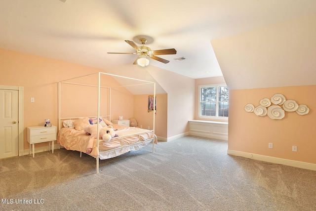 bedroom featuring carpet, ceiling fan, and lofted ceiling