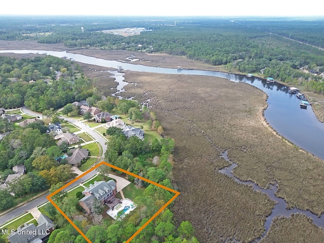 aerial view featuring a water view