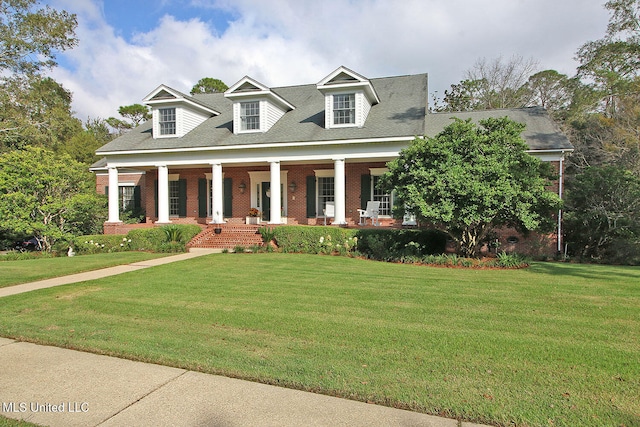 cape cod-style house with covered porch and a front yard