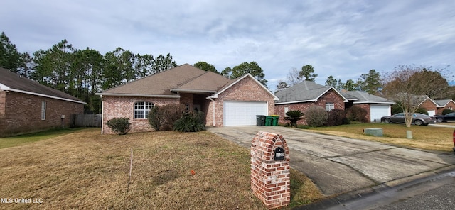 ranch-style home featuring a garage and a front lawn