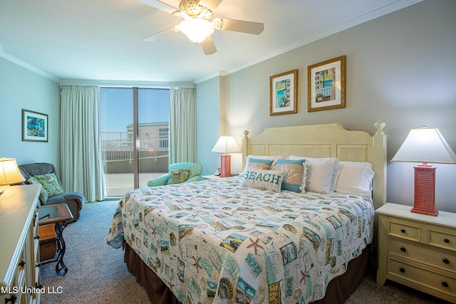 bedroom featuring carpet floors, access to exterior, a ceiling fan, and ornamental molding