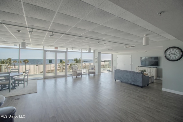 unfurnished living room with a wall of windows, baseboards, wood finished floors, and track lighting