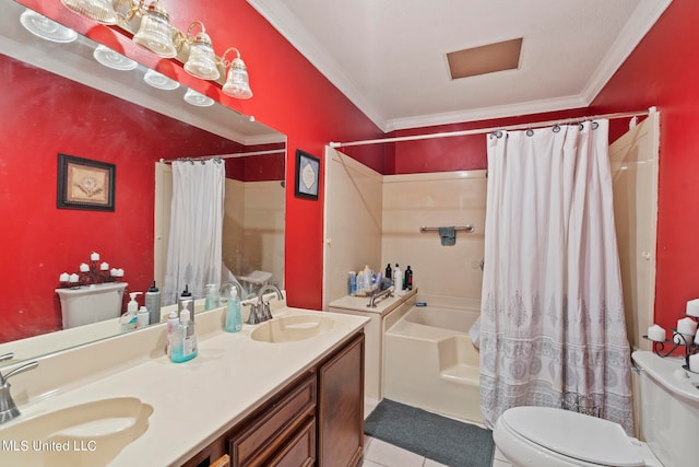 full bathroom with shower / bath combo, toilet, tile patterned floors, vanity, and crown molding