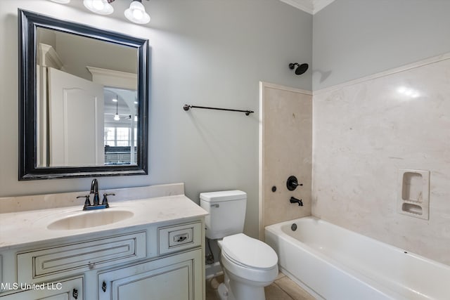 full bathroom with vanity, toilet, and washtub / shower combination