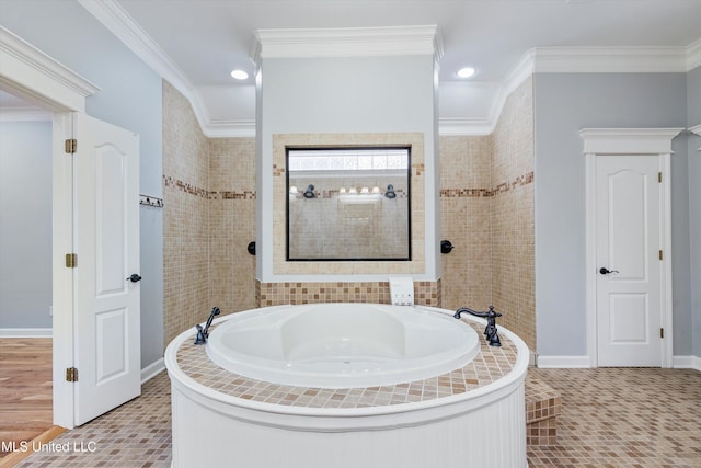 bathroom featuring tile patterned floors, ornamental molding, and shower with separate bathtub