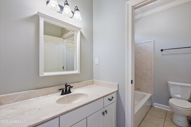 bathroom featuring a tub to relax in, tile patterned floors, toilet, vanity, and ornamental molding