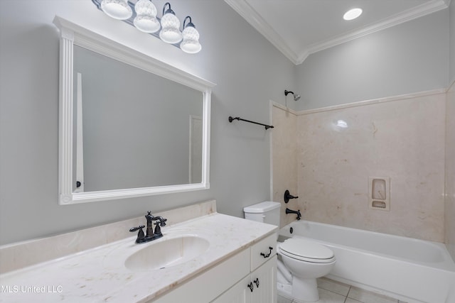 full bathroom featuring tile patterned floors, toilet, crown molding, shower / tub combination, and vanity