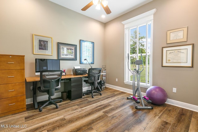 office space featuring wood finished floors, a ceiling fan, and baseboards