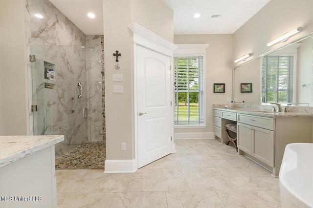bathroom with plenty of natural light, baseboards, and a marble finish shower