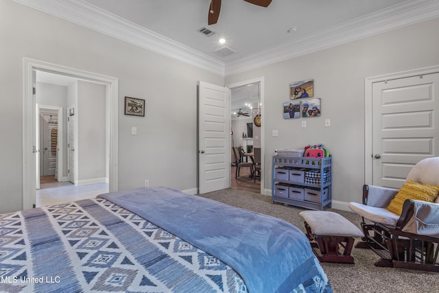 5705 Via Toscana, Ocean Springs, MS 39564 - carpeted bedroom featuring crown molding, baseboards, and a ceiling fan