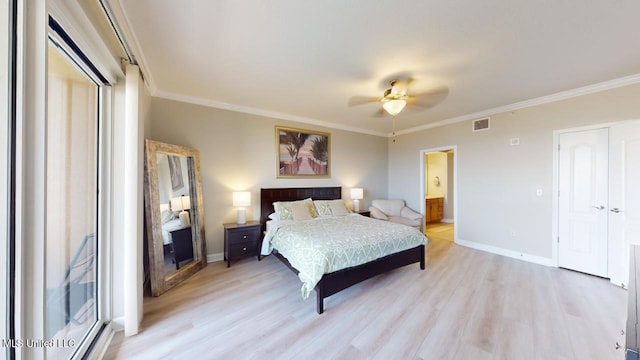 bedroom with crown molding, ensuite bathroom, ceiling fan, and light wood-type flooring