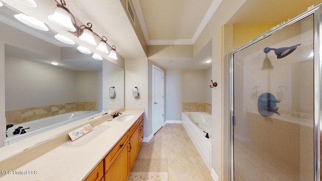 bathroom with independent shower and bath, ornamental molding, and vanity