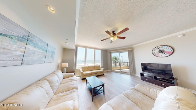 living room featuring ornamental molding, a textured ceiling, and light hardwood / wood-style floors