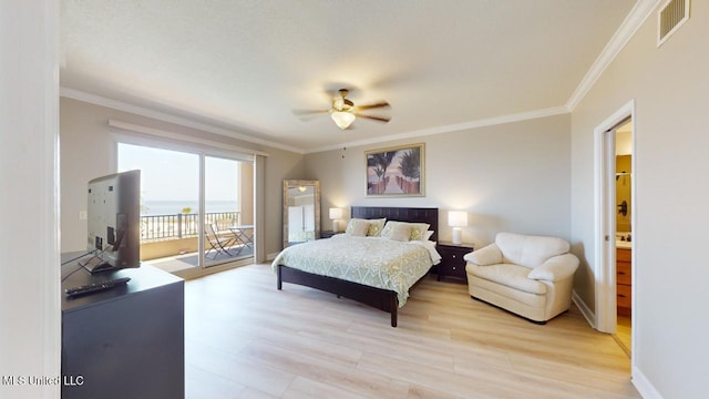 bedroom with ornamental molding, access to outside, and light hardwood / wood-style floors