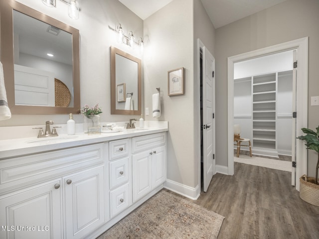 bathroom featuring wood finished floors, a spacious closet, double vanity, and a sink