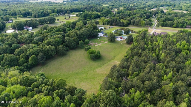 aerial overview of property's location featuring a forest, a large body of water, and rural landscape
