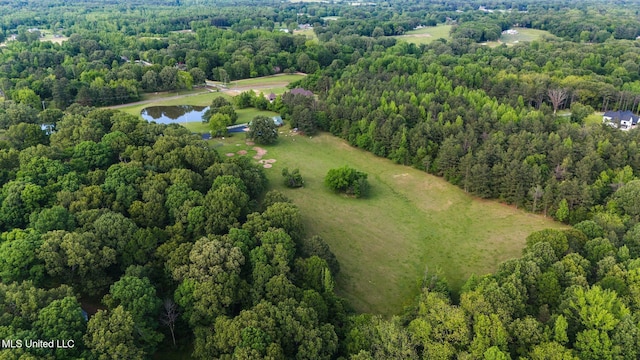 view of property location with a forest and a nearby body of water