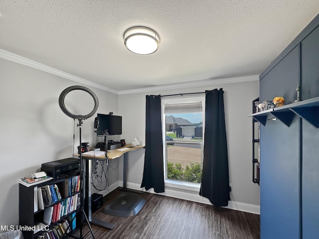 home office with baseboards, a textured ceiling, dark wood finished floors, and crown molding
