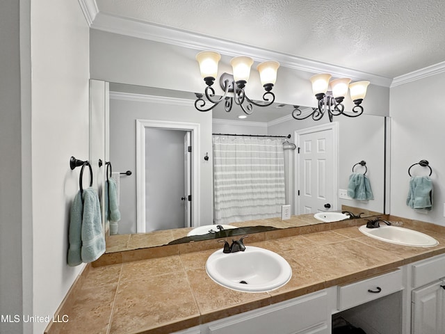 full bathroom featuring a sink, crown molding, double vanity, and a notable chandelier