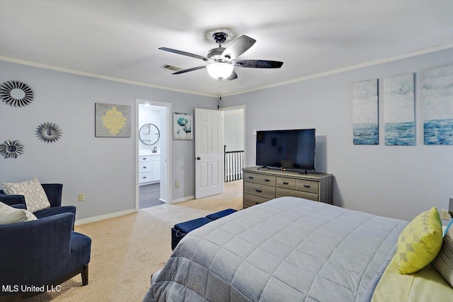 121 Countrywood Cir, Clinton, MS 39056 - bedroom featuring light carpet, baseboards, crown molding, a ceiling fan, and ensuite bath