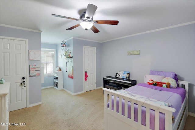 121 Countrywood Cir, Clinton, MS 39056 - bedroom with light carpet, baseboards, crown molding, and a ceiling fan