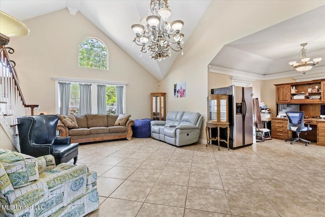6313 Hermosa Dr, Ocean Springs, MS 39564 - living area with a chandelier, an office area, light tile patterned floors, high vaulted ceiling, and stairs