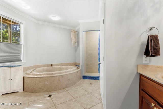 6313 Hermosa Dr, Ocean Springs, MS 39564 - full bath featuring crown molding, vanity, tile patterned flooring, a garden tub, and walk in shower