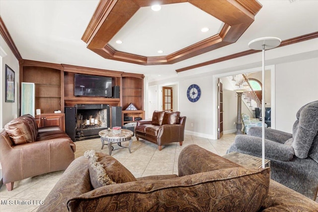 6313 Hermosa Dr, Ocean Springs, MS 39564 - living room with ornamental molding, stairway, light tile patterned floors, a raised ceiling, and baseboards