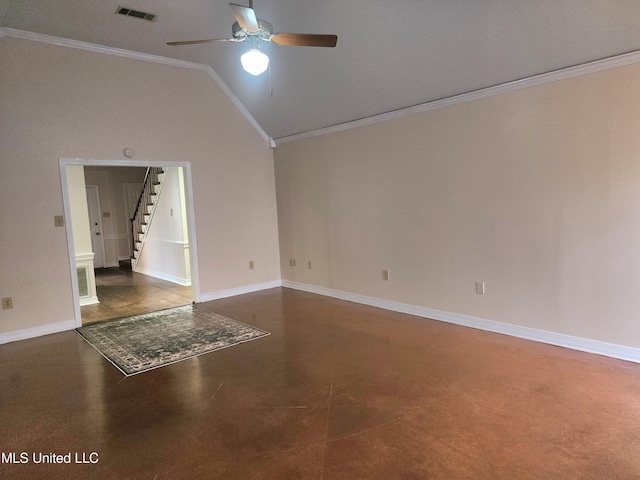 1618 Pear Orchard Pl, Jackson, MS 39211 - empty room featuring visible vents, crown molding, stairway, lofted ceiling, and a ceiling fan