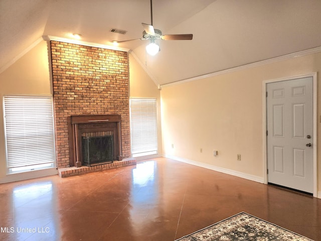 1618 Pear Orchard Pl, Jackson, MS 39211 - unfurnished living room featuring crown molding, tile patterned flooring, baseboards, ceiling fan, and vaulted ceiling