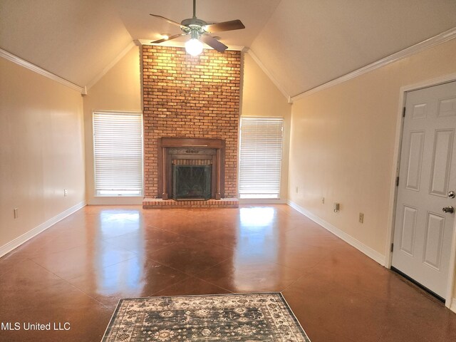 1618 Pear Orchard Pl, Jackson, MS 39211 - unfurnished living room with lofted ceiling, baseboards, crown molding, and a ceiling fan