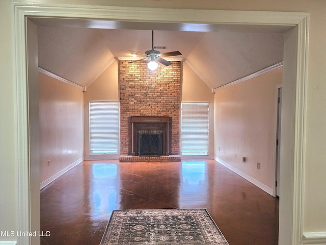 1618 Pear Orchard Pl, Jackson, MS 39211 - unfurnished living room with a ceiling fan, baseboards, lofted ceiling, a fireplace, and ornamental molding