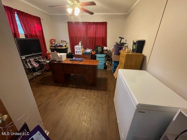 office with dark hardwood / wood-style flooring, ceiling fan, and ornamental molding