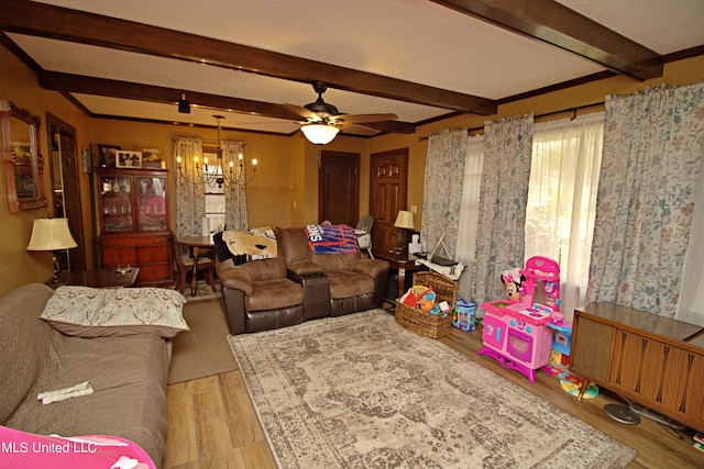 living room with beam ceiling, ceiling fan with notable chandelier, and light wood-type flooring