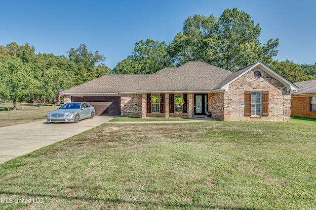 ranch-style home with a front lawn, roof with shingles, concrete driveway, an attached garage, and brick siding