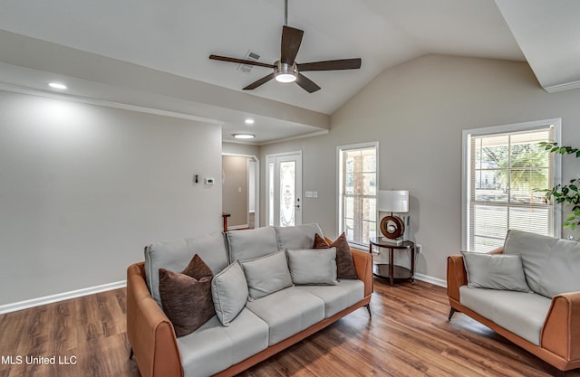 living room featuring wood finished floors, baseboards, lofted ceiling, recessed lighting, and ceiling fan