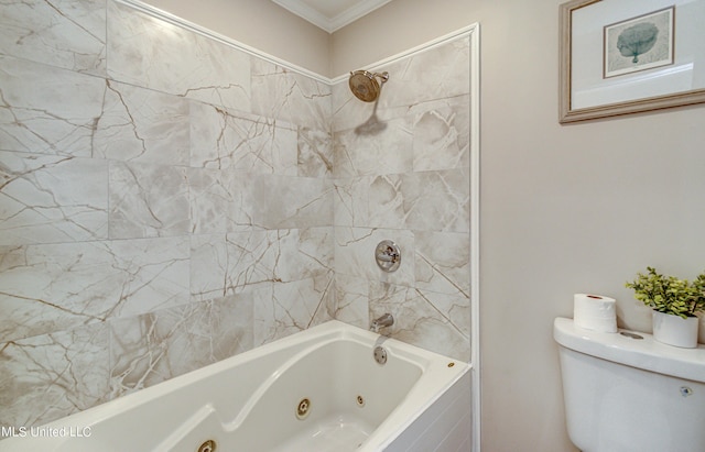 bathroom featuring crown molding, toilet, and a combined bath / shower with jetted tub