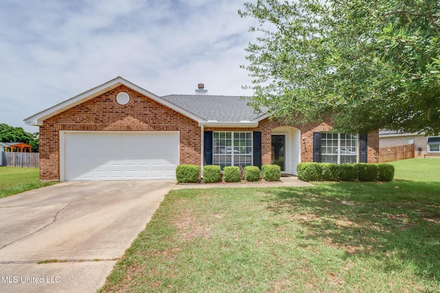 ranch-style house with fence, brick siding, a garage, a front yard, and driveway