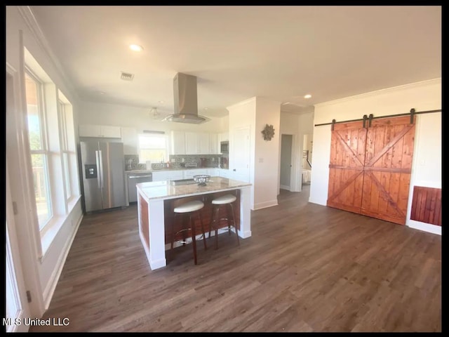 kitchen with plenty of natural light, appliances with stainless steel finishes, white cabinets, and a barn door