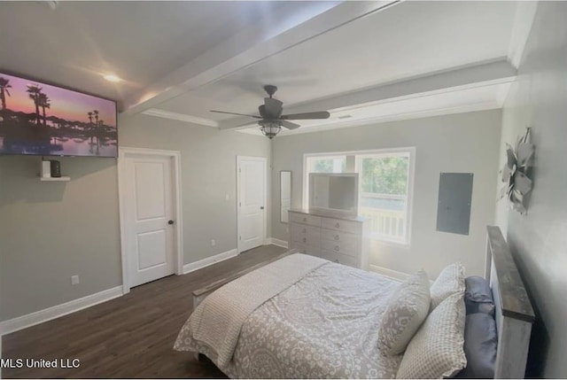 bedroom with dark hardwood / wood-style flooring, ceiling fan, beamed ceiling, ornamental molding, and electric panel