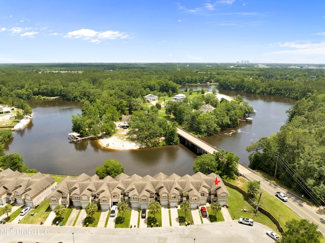 aerial view featuring a water view