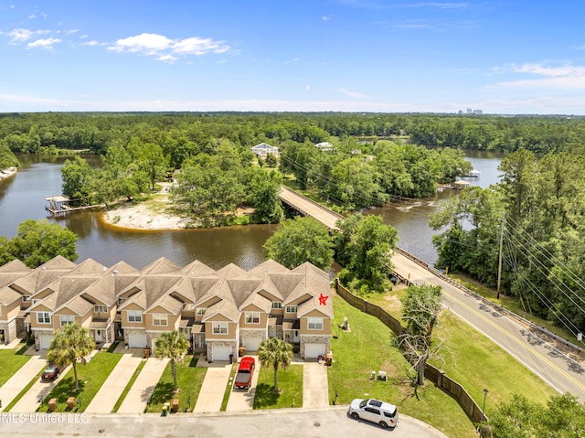 drone / aerial view with a water view