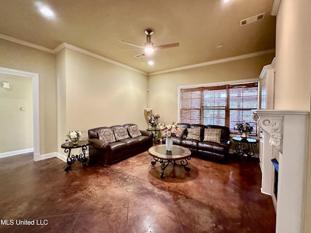 109 Brisage Dr, Madison, MS 39110 - living room featuring visible vents, baseboards, a ceiling fan, a fireplace, and concrete flooring