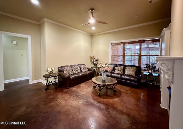 109 Brisage Dr, Madison, MS 39110 - living area with crown molding, ceiling fan, a fireplace, concrete floors, and baseboards