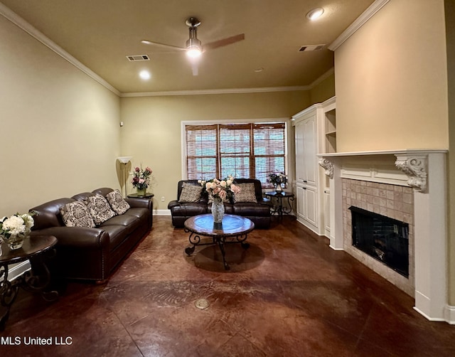 109 Brisage Dr, Madison, MS 39110 - living area with ornamental molding, visible vents, a ceiling fan, and a tiled fireplace