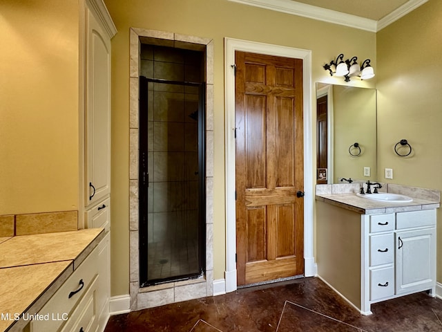 109 Brisage Dr, Madison, MS 39110 - full bathroom featuring baseboards, crown molding, a shower stall, vanity, and tile patterned flooring