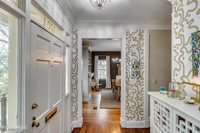 foyer featuring wood-type flooring and crown molding