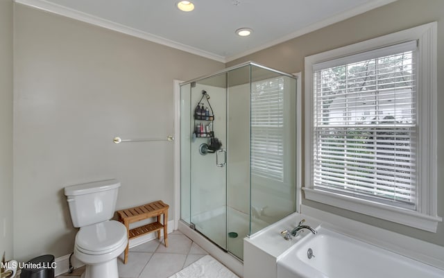 bathroom featuring toilet, shower with separate bathtub, ornamental molding, plenty of natural light, and tile patterned flooring