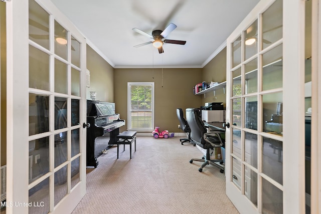 office featuring ceiling fan, french doors, carpet floors, and ornamental molding