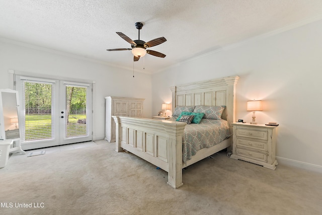 bedroom with french doors, access to exterior, baseboards, light colored carpet, and crown molding